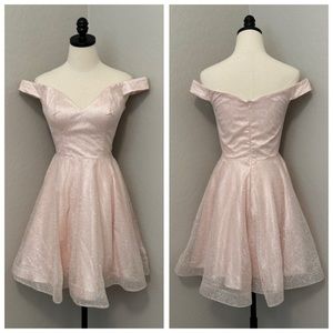 NEW JOVANI SZ 0 PINK SHIMMER OFF SHOULDER FIT FLARE FORMAL DRESS